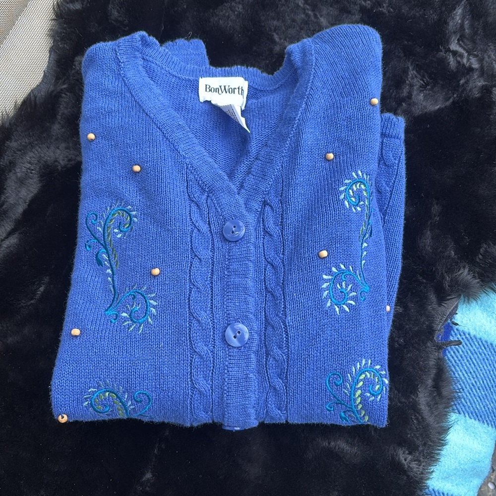 Bon Worth Blue Button Front Cardigan Sweater Embroidered Scalloped Trim Beads M